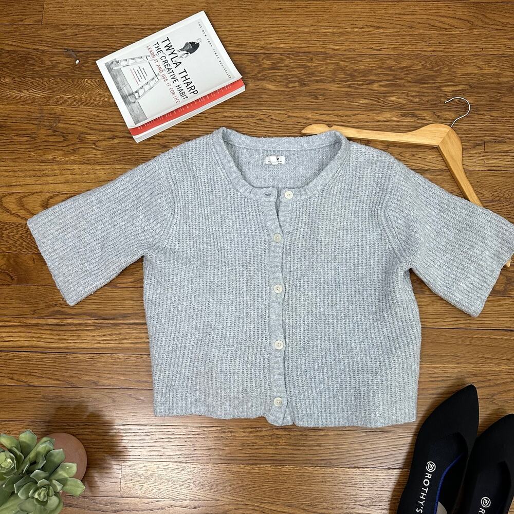 Aerie Gray Oversized Cropped Short Sleeve Knitted Button Front Cardigan